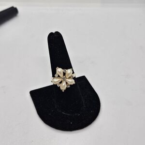 gold tone flower adjustable ring faux pearl and rhinestones
